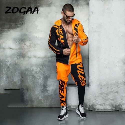 ZOGAA 2020 Mens Sports Suit Hooded Letter Color Matching Personality Hip Hop Zip Cardigan Mens Sports Suit Hot Sale