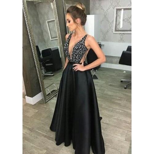 2020 New Fashion Black Stitching Party Sexy V-neck Sleeveless Sequin Dress Backless Evening Woman Dresses