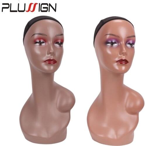 Plussign Unbreakable Womens Flesh Tone Black Realistic Mannequin Head Wig Display Stand Pvc Mannequin Head With Shoulder