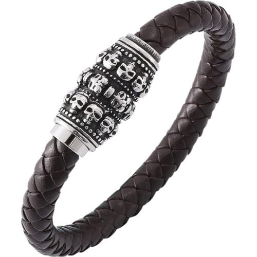 Simple Brown Braided Leather Skeleton Bracelet Punk Jewelry Men Retro Wristband Stainless Steel Magnetic Clasp Bangles PD0148