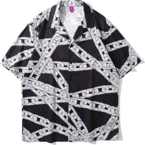 Chain Full Printed Chic Hawaiian Vacation Shirt Men Hip Hop Short Sleeve Stylish Summer Beach Vintage Clothes Camisas De Hombre