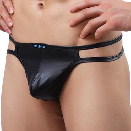 Sexy Men Underwear Crotch G-string Thongs U Convex Pouch Low Rise Sexy Thongs PU Faux Leather T-Back Thongs