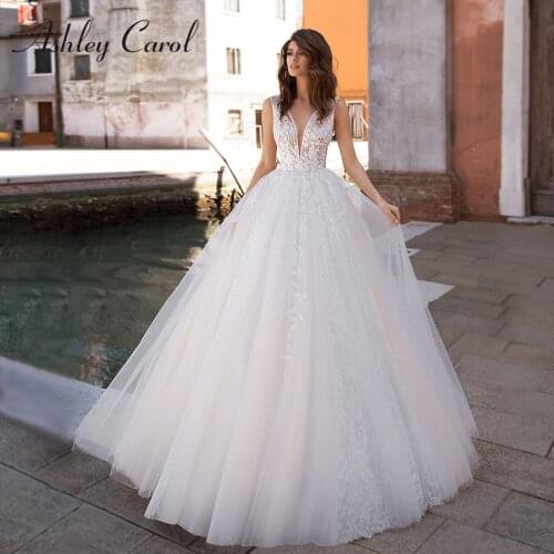 Ashley Carol A-Line Wedding Dress 2021 Elegant Backless V-neck Sleeveless Bride Appliques Princess Bridal Gown Vestido De Noiva
