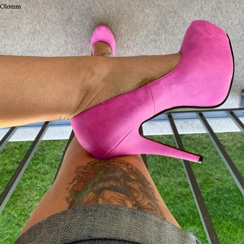 Olomm Handmade Women Spring Pumps Suede Sexy Stiletto Heel Round Toe Pretty Pink Party Dress Shoes Women US Size 5-20