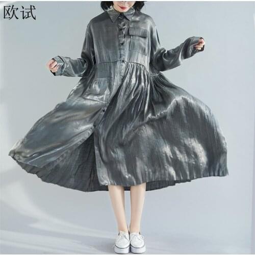 Summer Spring Women Korean Style Pleated Shirt Satin Dress Woman Casual Long Sleeve Glossy Dresses Ladies New Arrival Dress 2021