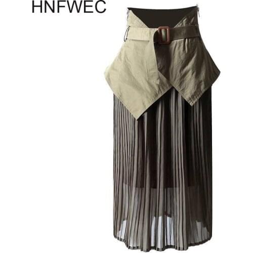 Women Skirt Long Black Chiffon Skirts Waistband Splicd Irregular Skirt High Waist Pleated Skirts All Match 2019 Fashion W153