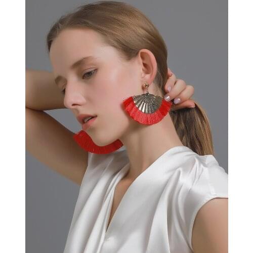 Kymyad Earrings 2021 Trend Colorful Tassel Fan Shaped Earrings For Women Vintage Bohemian Gold Color Dangle Earrings Brincos