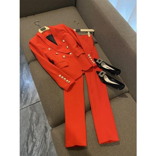 2020 Designer Beige Black Red Blazer Suit Set Womens Classic Shawl Collar Lion Buttons Double Breasted Blazer Pants Suits