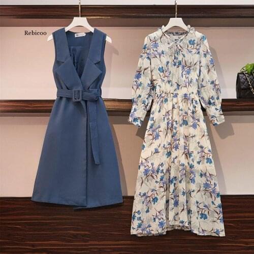 Women 2020 Spring Autumn New Elegant Chiffon Dress Suit Bow Collar Print A-line Dresses Belt Vest 2 Piece Set Plus Size 4XL