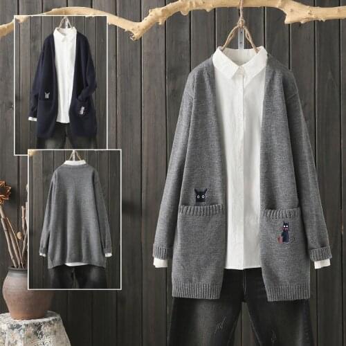 2021 autumn winter new womens loose solid color pockets embroidered mid-length sweater cardigan all-match jacket s407