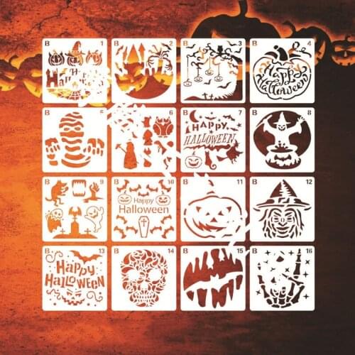 C90C 16Pcs Halloween Painting Stencils Template Halloween Theme Painting Stencils Anti-scratch Reusable Painting Stencils Kit