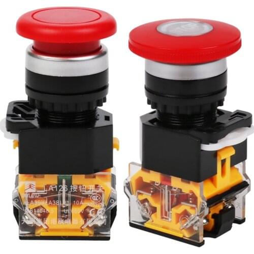 Emergency Stop 10A 380V 22mm Self-Locking Head Power Switch Mushroom Push Button Switch 1 NO 1 NC LA38-11ZS