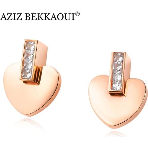 AZIZ BEKKAOUI Cute Small Love Heart Stud Earrings with Crystal Rose Gold Stainless Steel Women Wedding Earrings Jewelry Gift