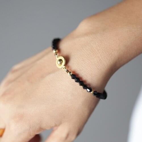 Hand-made Beaded Bracelet for Women Black Faceted Rhinestone Stainless Steel Link Chain Bracelet 7inch Wholesale Jewelry LDB296