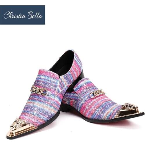 Christia Bella Brand Mens Luxury Fashion Dress Shoes with Chain Exquisite Colorful Striped Bling Bling Wedding and Party Shoes