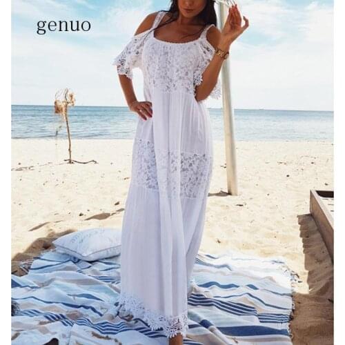 2020 Maxi Bohemian Dress Lace Cotton Patchwork Long Plus Size White Sexy Dress Off Shoulder Women Summer Dress Elegant Vestidos