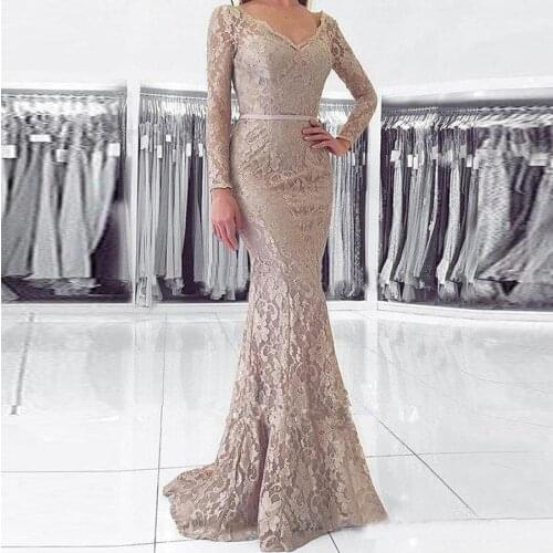 Elegant Formal Dress Lace Backless Mermaid Evening Dresses Long Sleeve Open Back Belt Women Prom Gown vestido fiesta 2020