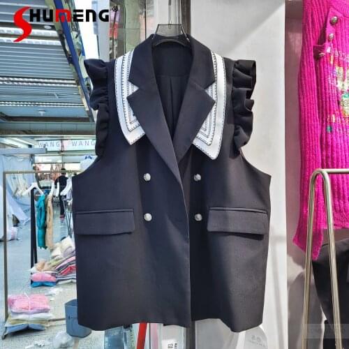 European 2021 Early Autumn New Suit Collar Lace Striped Korean Fungus Stitching Womens Vest Blazer Suit Top