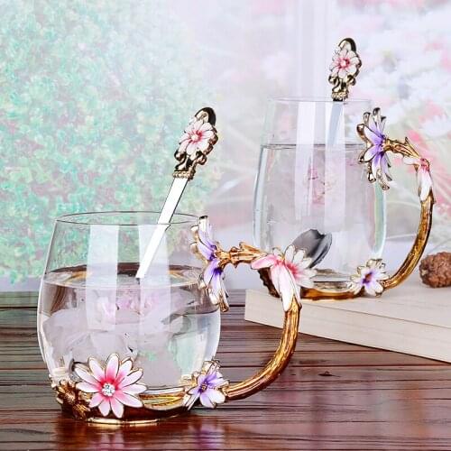 Creative Vintage Enamel Glass Cups Handgrip Crystal Flower Tea Coffee Lemon Drinking Heat-Resistant Drinkware