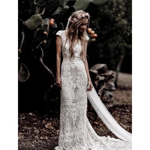 Full Lace Boho Wedding Dress For Bride 2021 Backless V Neck Long Beach Gowns Summer Autumn Bridal Dresses