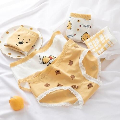 Cute Animal Cartoon Bear Lace Ladies Underwear Fashion Japanese Cotton Mid-Waist Briefs Comfortable Breathable Student Panties