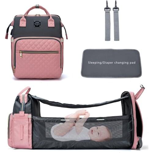 Lequeen Diaper Bags Baby Care Mummy Backpack 3 In 1 USB Maternity Bag Crib Foldable Sleeping Bed Backpack with Hook Stroller Bag