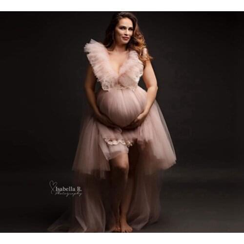 Pretty Blush Pink High Low Tulle Lace Maternity Dress Sexy V-neck Ruffles Pregnanty Women Gown To Photo-shoot Fashion Bridalgown