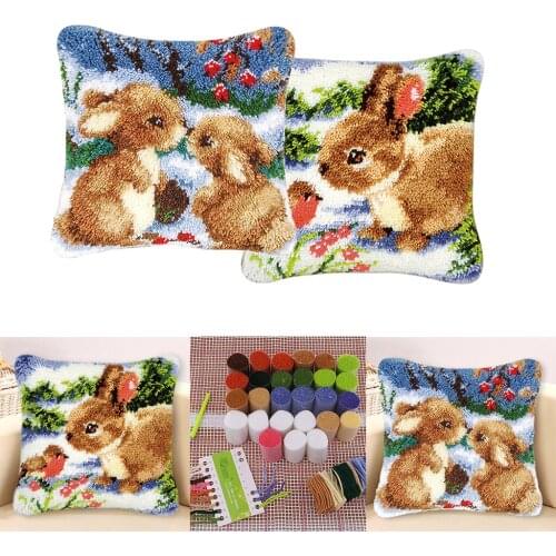 2 Set 17x17 Inch Rabbits Latch Hook Rug Kit DIY Embroidery Cross Stitch Needlework for Cushion Pillow Mat