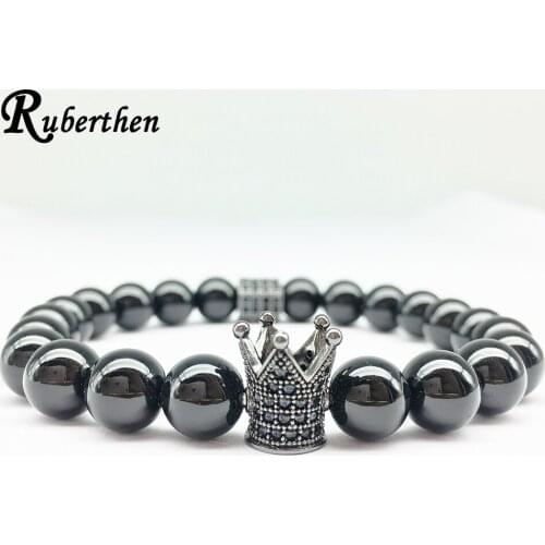 Ruberthen New Design Zircon Crown Bracelet Powerful Black Onyx Bracelet Trendy Energy Men`s Yoga Jewelry Best Gift for Him