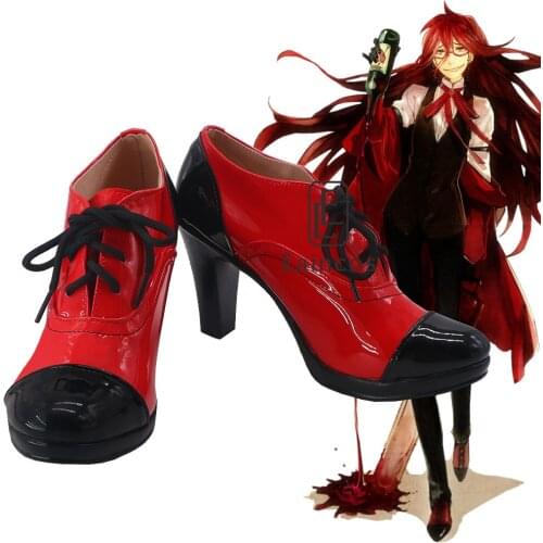 Anime Black Butler Grell Sutcliff Cosplay Party Shoes Black and Red Boots Customized Size