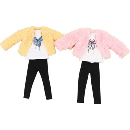 Clothes for 1/6 Blyth doll Cute plush jacket with white short-sleeved black trousers girl gift ICY BJD toy