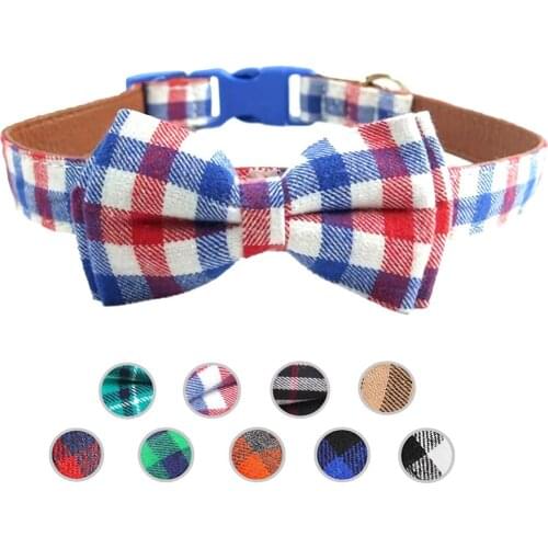 Dog Collar PU Leather with Detachable Adjustable Bowtie Classic Plaid Bowtie Durable Polyester-Plastic Buckle Collars for Dogs