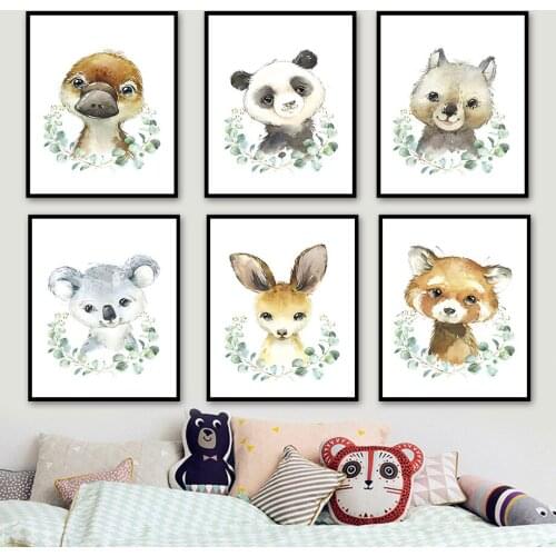 Panda Rabbit Raccoon Duck Koala Leaf Animal Wall Art Canvas Painting Nordic Posters And Prints Wall Pictures Kids Room Decor