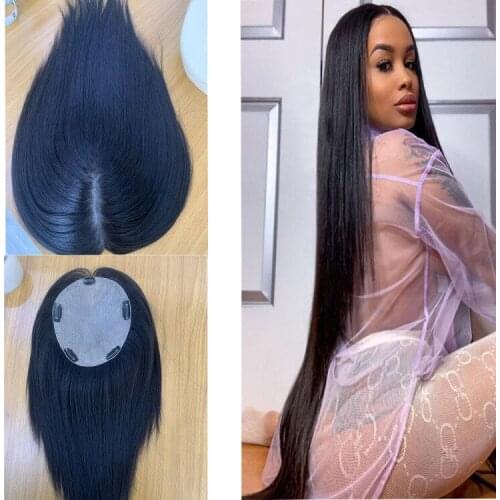 Human Hair Topper Wig For Women Straight Black Intermediate 16*18 Full Silk Base With Clips In Hair Toupee Remy Hairpiece