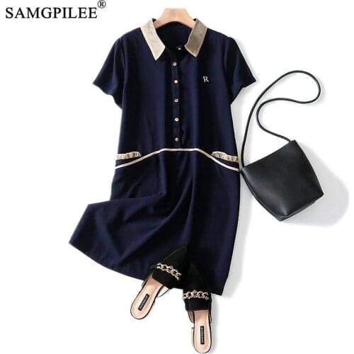 Polo Women Dresses Summer 2021 Casual A-line Solid Short Sleeve Knee-length Korean Style Dress Summer Clothes For Women 4XL