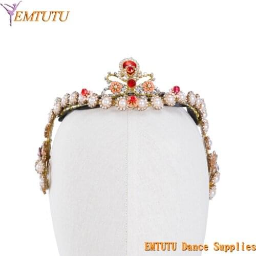 Women Girls Professional Ballet Headpiece Red Gold Handmade Prfessional Ballet Tiara Crown Fairy Doll Ballet Headwear