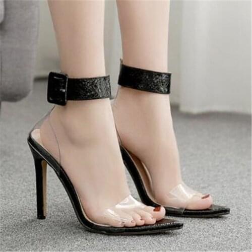Women sandals PVC Buckle Strap 12cm Thin Heels High heels Pointed Toe Leopard print Shallow women sandals size 35-42 black