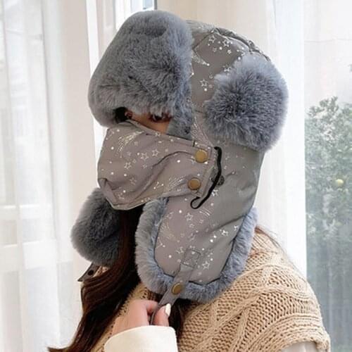 Lei Feng Hat Female Winter Thick Warm Hat Tide Cute Sweet Print Outdoor Winter Warm Cap Windproof Vintage Bomber Hat