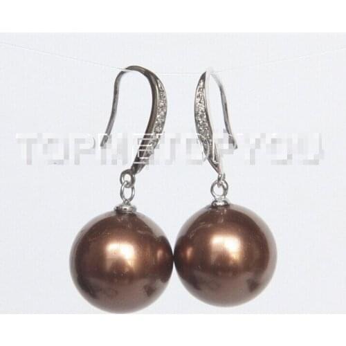 Dangle 14mm round coffee south sea shell pearl Earrings 925 silver 155