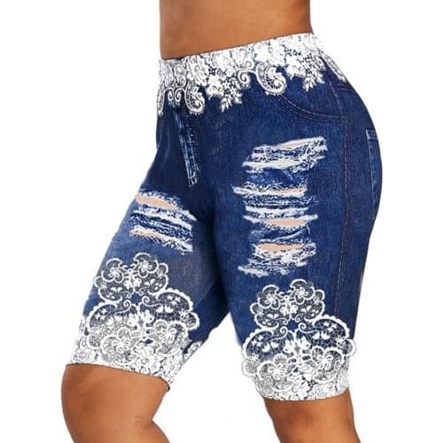 Running Shorts Women Print Ripped Hole Leggings Knee Length Skinny Gym Shorts sport wear Breathable Summer