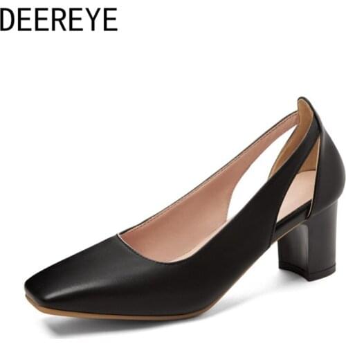 Ladies Daily Slip-On Side Hollow 6cm Chunky Medium Block Heels Womens Pump Pointed Toe Shoes Beige White Black 2021 Size 33-45