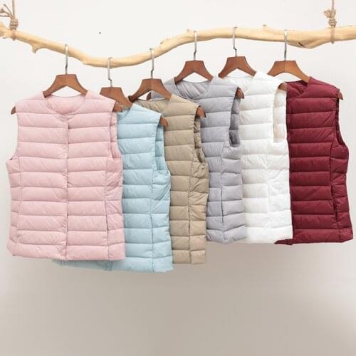 Women Puffy Vest Coat 2021 New Autumn Winter Thin 90% White Duck Down Coat Ultra Light V Neck Or O Neck Sleeveless Waistcoat