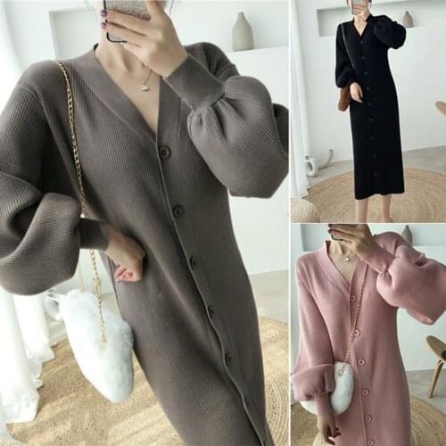 Womens V-Neck Single-Breasted Sweater Dress with Lantern Sleeves Mid-Length Knit Dress Long Cardigan One Size