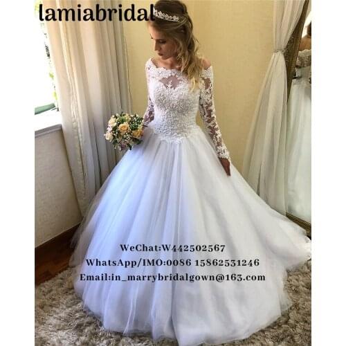 Princess Vintage Lace Ball Gown Wedding Dresses 2019 Off Shoulder Long Sleeves Beaded Arabic White Bridal Gown Vestido de Novia