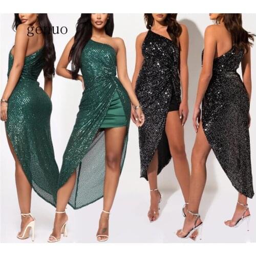 Genuo New Women One Shoulder Sequined Slit Midi Dress Shining Sparkly Sexy & Club Night Out Sleeveless Elegant Party Vestidos