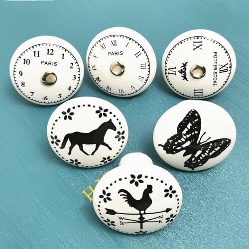 1PC White Ceramic Porcelain Pull Star Flower Clock Print Knob Kid Decorative Furniture Handle Kitchen Cupboard Door Drawer Knobs