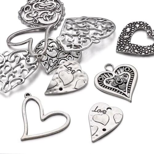 10pcs Tibetan Style Antique Silver Color Alloy Heart Pendants Charms Heart Diy Findings Jewelry Accessories 31~60x31~60x3~4mm