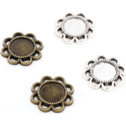 8mm Inner Size Antique Bronze And Silver Plated Flower Style Cabochon Base Cameo Setting Charms Pendant