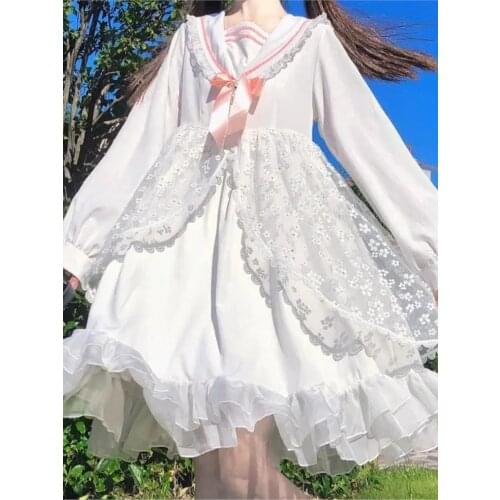 Hstar White Lolita Girl Dress Alice In Wondeland Cute Japanese sailor collar Lace Bow party dress Harajuku Fairy Vestidos