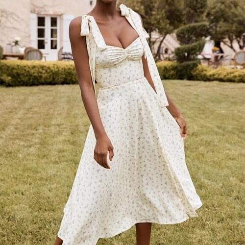 Boho Floral Print Sleeveless Strap Midi Cottagecore Dresses Beach Party Club Sexy Backless Elegant Split Dress Women Vestidos